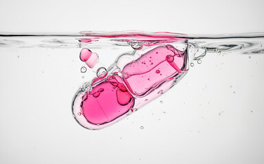 Pink pill dissolving,melting in water.medical and healthcare.