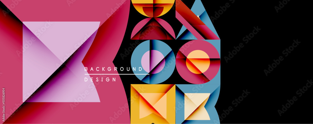 Aufkleber Abstract geometric composition. Vivid colors, overlapping shapes create dynamic visual effect. Modern design elements, contrasting hues, black background.