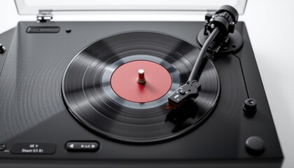 Close-up of a black turntable playing a vinyl record. The turntable is sleek and modern