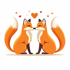 Fototapeta premium Foxes in Love: A charming scene of two foxes nuzzling noses beneath floating hearts, symbolizing love and affection in a whimsical, illustrative style.