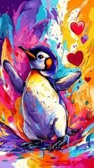 Valentine Penguin Nursery Wallpaper Colorful penguin with a joyful expression. Cute Baby Penguin Love Illustration Adorable Animal Heart Pattern Design