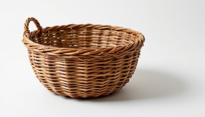 Fototapeta premium A beautiful brown woven basket against a simple backdrop. This basket's rustic appearance makes it perfect for various lifestyle scenarios