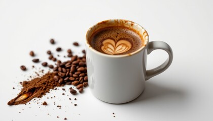 A delightful coffee cup with an artistic design next to scattered coffee beans and powder. The image is perfect for food or beverage concepts.