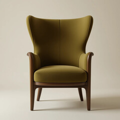 olive green armchair with sculptural wooden frame on clean beige background