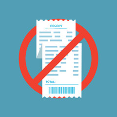 Receipt from store with a round red prohibition symbol strikethrough on a blue background. Ban on paper receipts, saving paper.