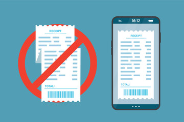 Receipt from store with round red prohibition symbol strikethrough on a blue background. Ban on paper receipts, saving paper. Electronic receipt on mobile phone screen,