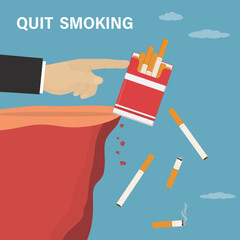 Human hand pushes cigarette pack and butts off cliff into abyss. Fighting nicotine addiction, quit smoking. Way to healthy lifestyle, tobacco refuse.