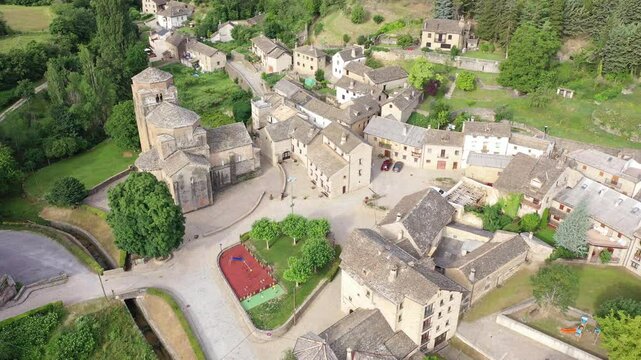 Aerial view of Santa Maria Church, Santa Cruz de la Seros, Huesca province, Aragon, Spain.