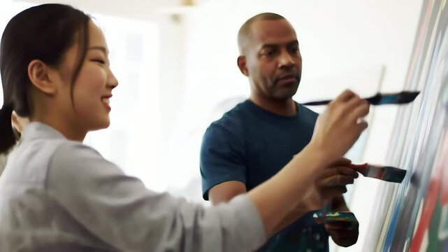 Diverse group of artists including a young Asian woman and a Black man creatively painting on a large canvas in a bright art studio
