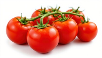 A bunch of ripe, red tomatoes on the vine. The tomatoes are vibrant and fresh