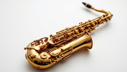 Obraz premium A beautifully crafted saxophone gleams in the light. The instrument is made of brass, reflecting a golden hue, with intricate detailing, set against a clean backdrop.