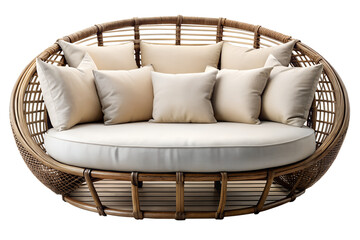 Dark rattan moon lounge sofa with cozy ivory cushions, boho modern style, isolated on transparent background