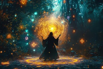 Obraz premium A glowing elf sorceress casting a magical spell in an enchanted forest, with floating mystical runes around her, vibrant colors, cinematic composition