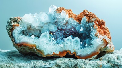 Obraz premium A cracked open geode revealing sparkling crystals against baby blue, the rough exterior contrasting with the glittering interior