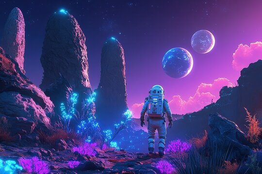 A lone astronaut exploring an alien planet with glowing bioluminescent plants, mysterious rock formations, and twin moons in the sky