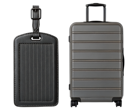 Grey hard shell rolling suitcase beside a leather luggage tag on a transparent background - Powered by Adobe