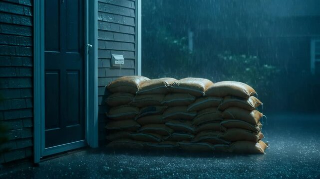 Sandbags placed near door during heavy rainstorm at night  