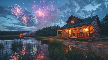 Fototapeta premium Brilliant purple and green fireworks shimmering over a quiet lakeside cabin in the wilderness