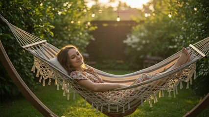 Young woman relaxing in a hammock under trees during sunset   - Powered by Adobe