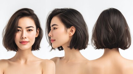 Female hairstyle shown from three angles	