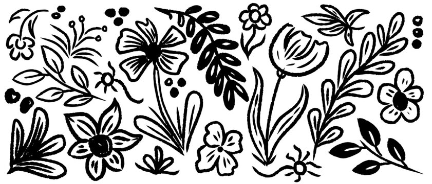 Hand drawn abstract floral doodles vector set. Vector simple flower, leaf ink stroke. Vector illustration