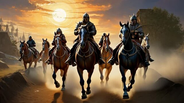 Silhouettes of warriors riding horses during sunset representing battle leadership courage and historical strength in a dramatic action scene