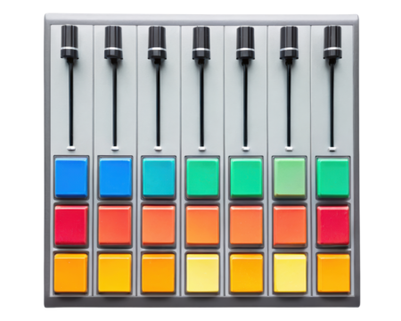 Digital audio mixer console with faders and colorful pads on a transparent background