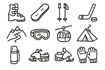 Fototapeta premium Winter sports icons: skiing, snowboarding, snowmobile, mountain, tent