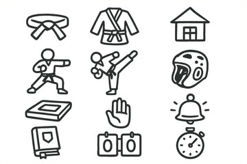 Martial arts icons set featuring karate and safety gear illustrations