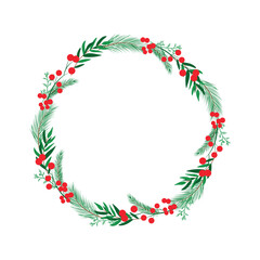 Christmas vector illustration of floral wreath isolated on white background. Circle frame of season greeting card.
