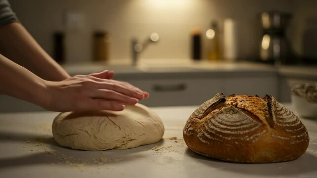 Hands kneading dough beside freshly baked bread on kitchen countertop  