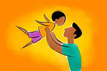 A playful moment between a dad and his child depicted in a cartoon style with bold lines and vibrant colors