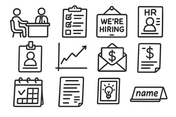 Business icons set: hiring, hr, finance, growth, and planning