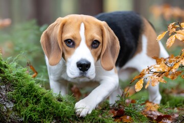 Beagle dog walking in autumn forest looking for something