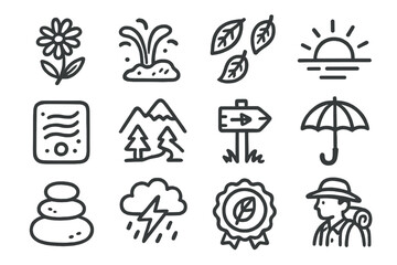 Nature icons set featuring plants, weather, and outdoor symbols