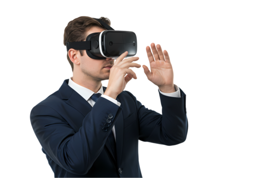 Exploring Virtual Worlds A Business Professional Immersed in Virtual Reality isolated on transparent baackground