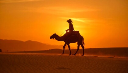Silhouette of a hawker merchant traveling at the top of through the desert 