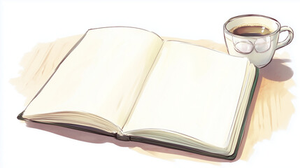 Antique open book with blank pages and vintage glasses, isolated on white