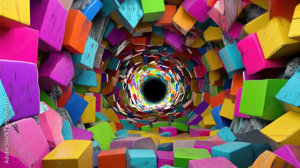 Poster vivid psychedelic vortex of geometric color shapes forming a surreal tunnel