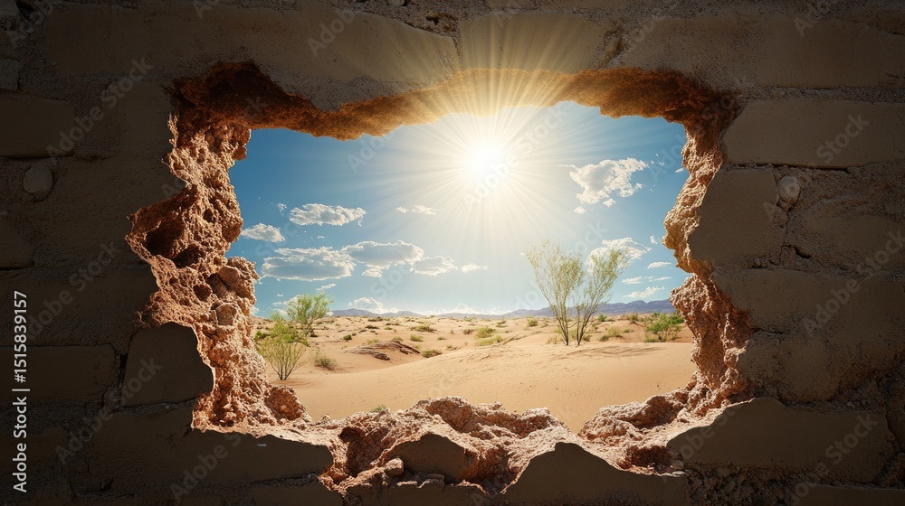 Poster sunlight floods through a hole in rustic wall, exposing serene desert view