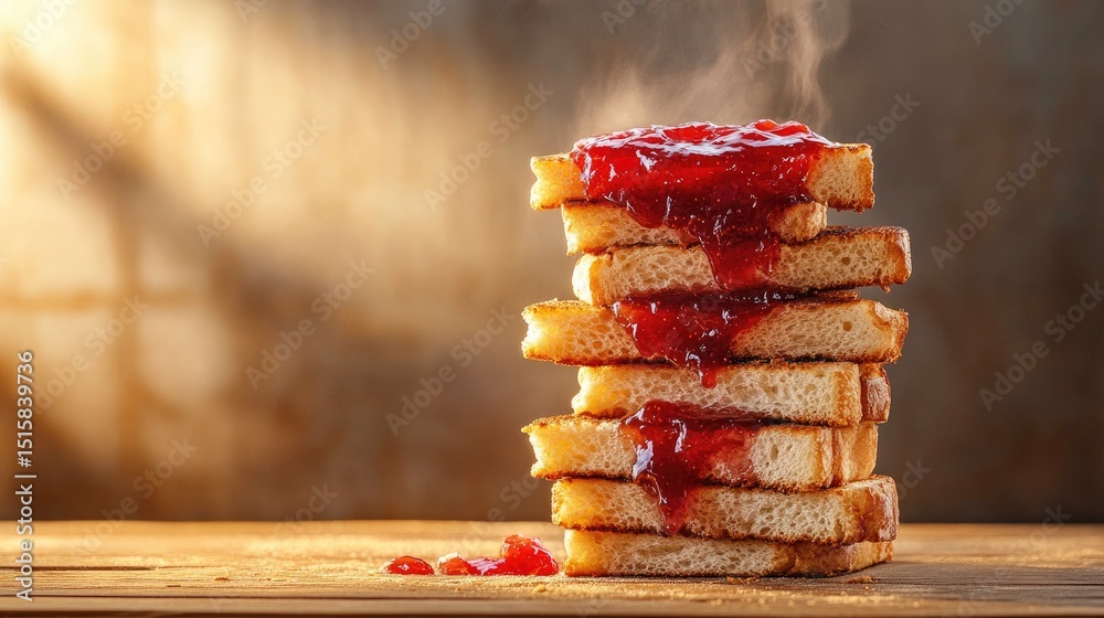 Poster Stack of crispy toast with fruit jam on top, lit by warm soft lighting on table