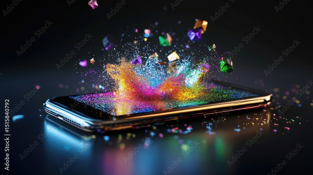 Poster Smartphone displaying animated particles in glowing colors on dark modern interface