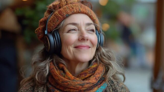 A woman of European appearance over 50 years old dreamily listens to music on headphones