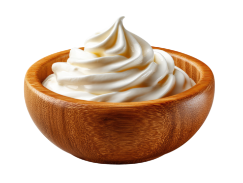 Creamy Delight: Exquisite swirl of whipped cream graces a rustic wooden bowl, enticing the senses with its delicate texture and rich allure.