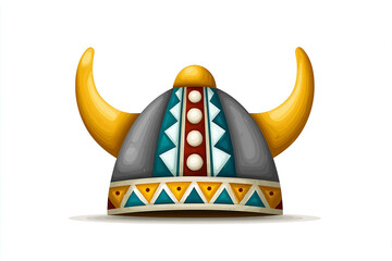 Flat vector Viking helmet with Norse engravings horned gray and brown palette icon style isolated on white