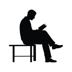 Silhouette of a man sitting on a bench reading a book black and white vector illustration