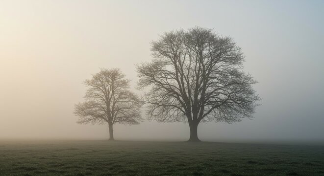 Trees in Morning Fog Landscape on Meadow, Spooky and Peaceful