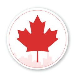 Minimalistic vector illustration of a red maple leaf symbolizing Canada, placed over a city skyline silhouette. Perfect for Canada Day graphics, national celebrations, and patriotic design projects. 