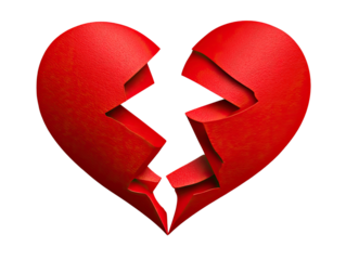 Shattered Heart: A vivid depiction of a broken heart, split asunder, symbolizing pain, loss, and the emotional aftermath of heartbreak. The deep red color amplifies the raw emotion.