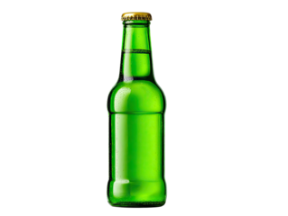 Green Beer Bottle: A full green glass beer bottle with a gold cap stands against a plain background. The bottle is ready for a refreshing drink. 